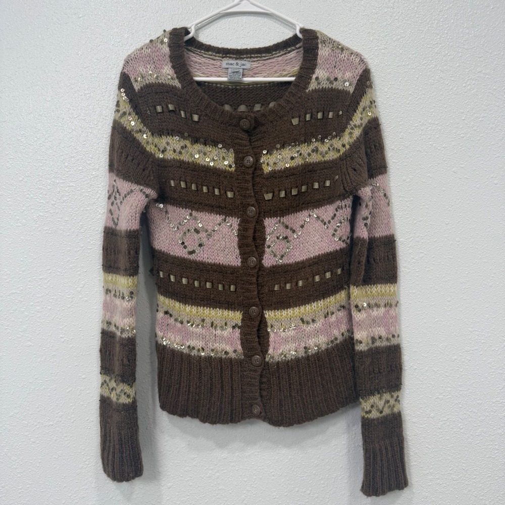 Mac & Jac Mohair Wool Blend Sequin Ribbon Striped Cardigan Sweater Brown Pink M